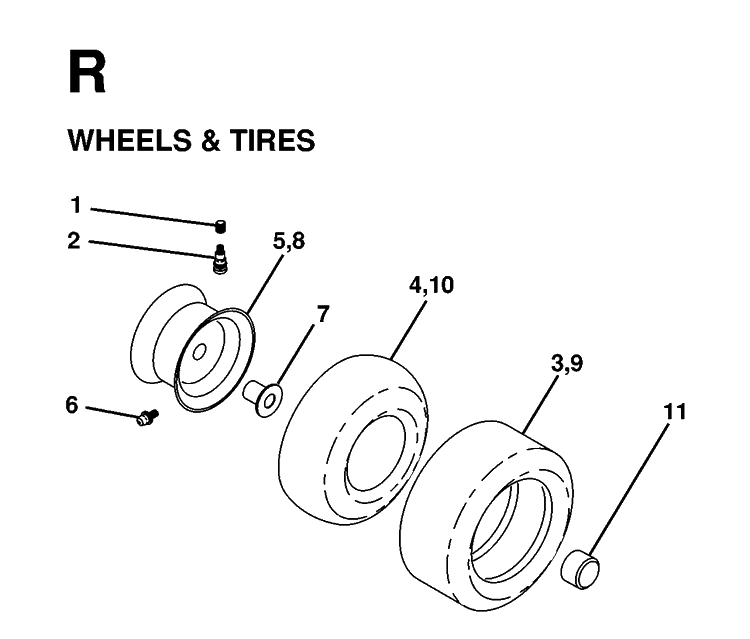 Wheels And Tires Diagram and Parts List for YTH160 1998-02 Husqvarna Lawn Tractor