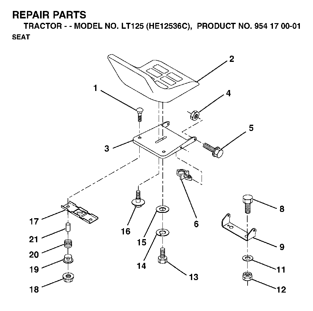 Seat Diagram and Parts List for LT125 (HE12536C, 954170001)(1998-03) Husqvarna Lawn Tractor