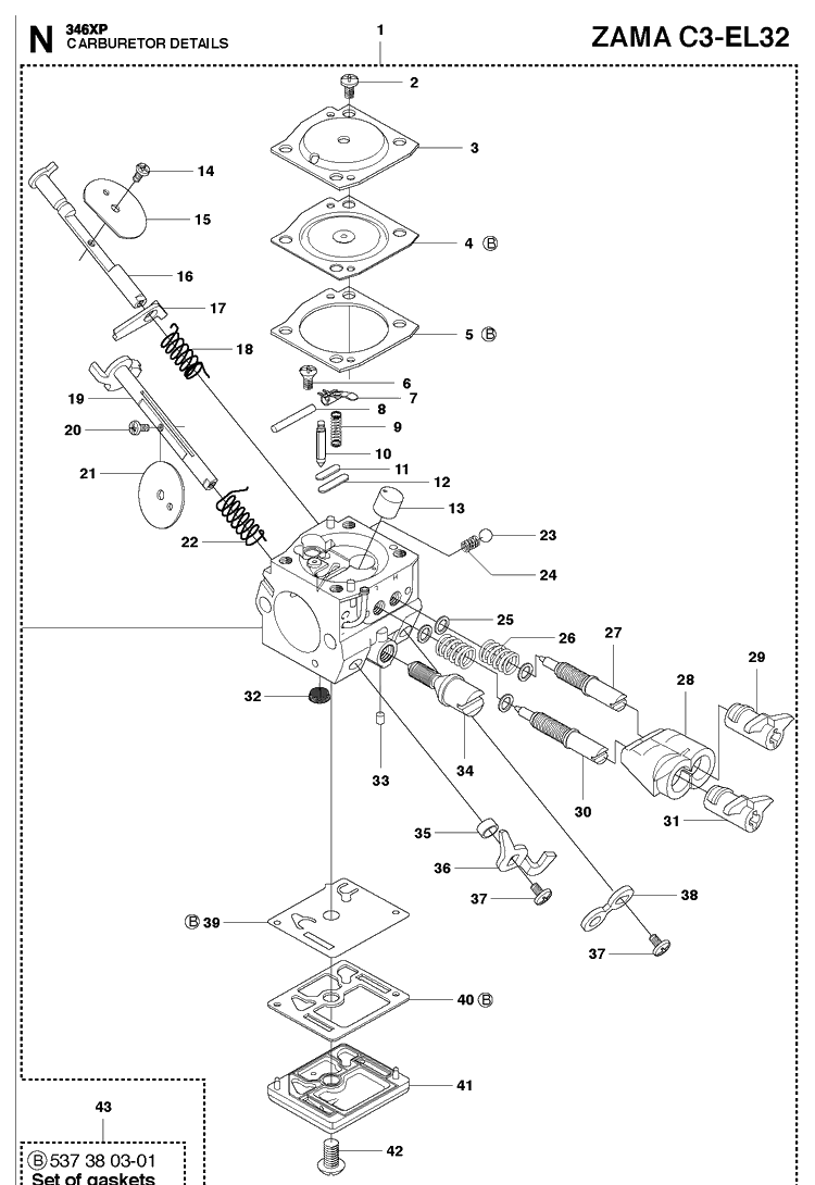 Carburetor Details Diagram and Parts List for 346XP 2011-01 Husqvarna Chainsaw