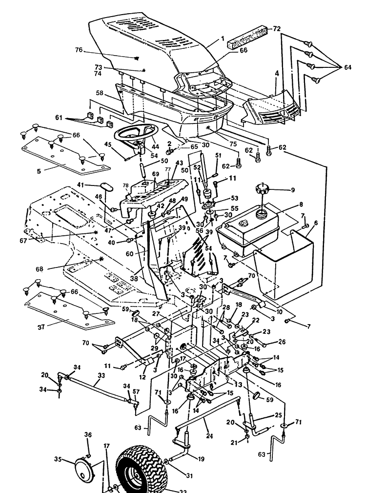 Hood/Front End Diagram and Parts List for 4125H 1991-01 Husqvarna Lawn Mower