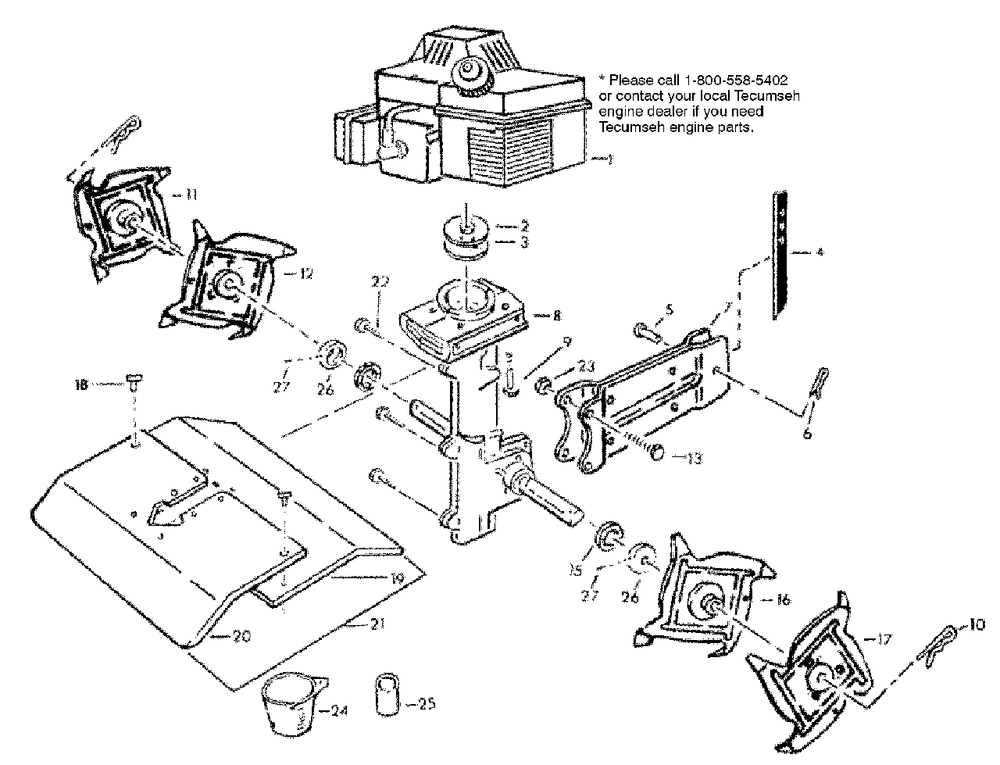 Engine/Transmission/Tines/Shield Diagram and Parts List for CT20 (966957301)(2008-04) Husqvarna Tiller