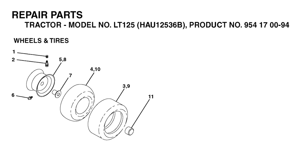 Wheels And Tires Diagram and Parts List for LT125 (954170094-B)(2003-01) Husqvarna Lawn Tractor
