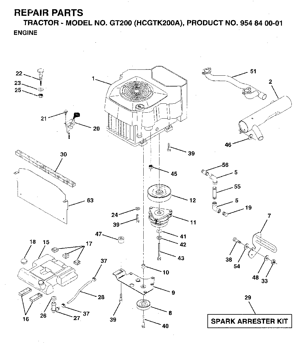 Engine Diagram and Parts List for GT200 (HCGTK200A, 954840001)(1996-01) Husqvarna Lawn Tractor