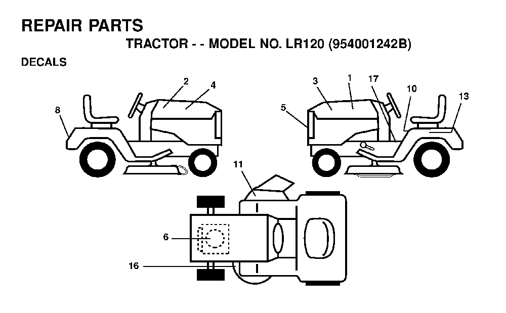 Decals Diagram and Parts List for LR120 (954001242B)(1995-02) Husqvarna Lawn Tractor
