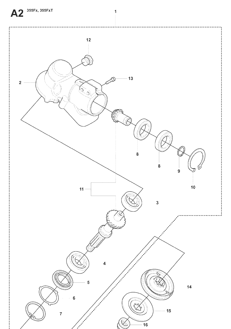 Bevel Gear Diagram and Parts List for 355FXT 20073100001-20082700000 Husqvarna Brush Cutter