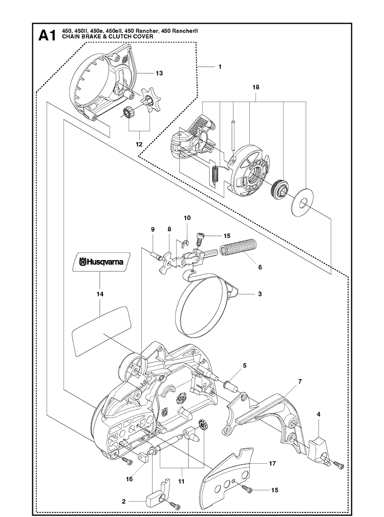 Chain Brake And Clutch Cover Diagram and Parts List for 450 450II-450E-450EII-450 RANCHER-450 RANCHERII Husqvarna Chainsaw