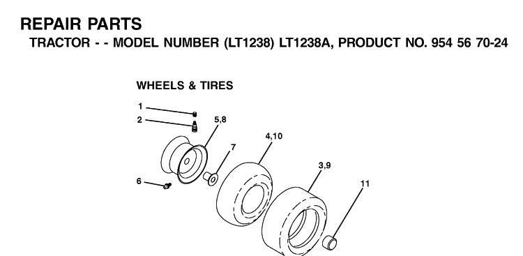 Wheels And Tires Diagram and Parts List for LT1238-LT1238A 2000-10 Husqvarna Lawn Tractor