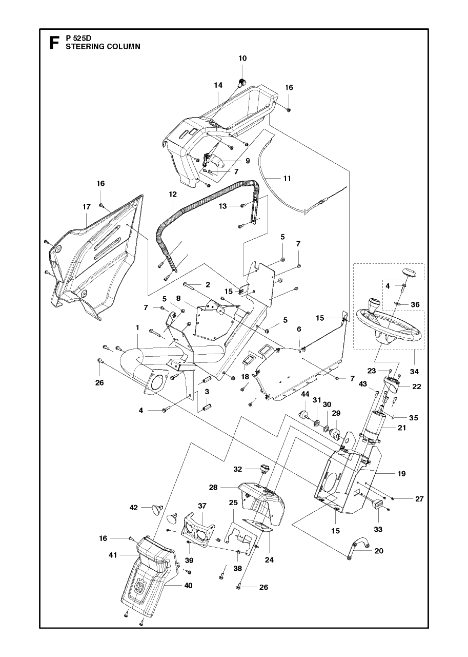 Steering Column Diagram and Parts List for P525D 20120100001 - 20143999999 Husqvarna Lawn Tractor