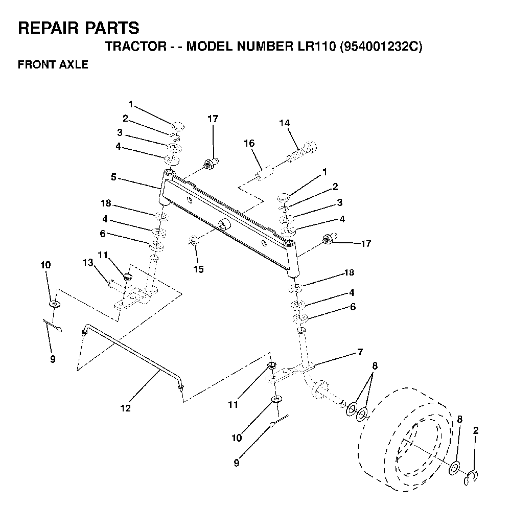 Front Axle Diagram and Parts List for LR110 (954001232C)(1995-08) Husqvarna Lawn Tractor
