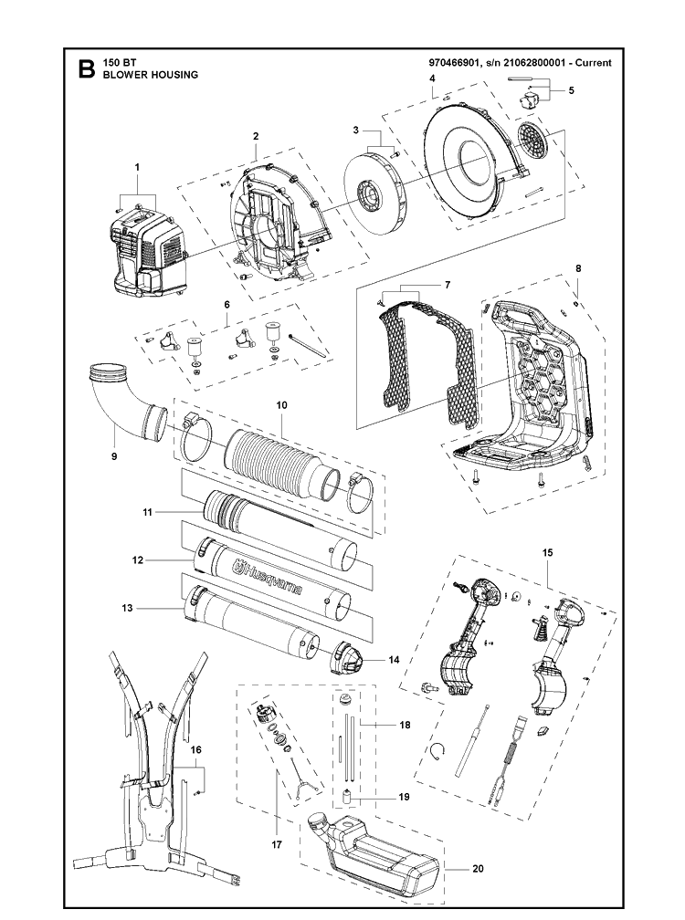 Blower Housing Diagram and Parts List for 150BT  Husqvarna Leaf Blower / Vacuum