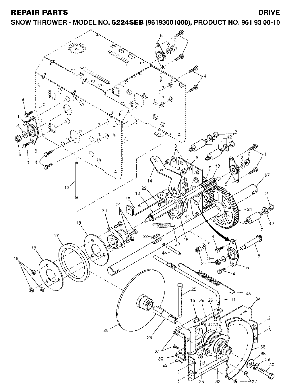 Drive Diagram and Parts List for 5524SEB (96193001000, 961930010)(2005-12) Husqvarna Snow Blower