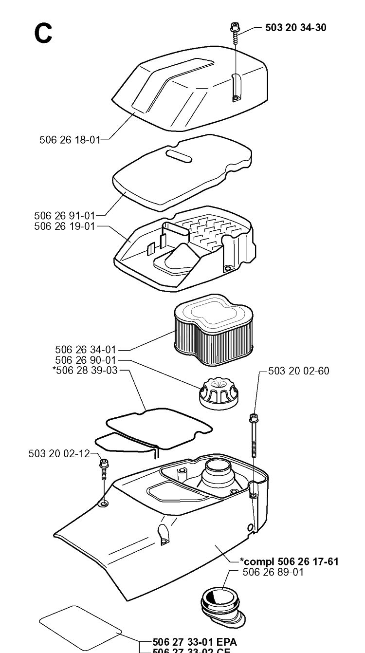 Air Filter 2 Diagram and Parts List for 371K 1999-04 Husqvarna Lawn Tractor Accessories