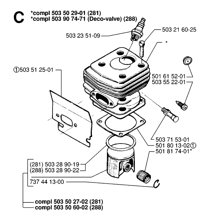 Cylinder Piston Diagram and Parts List for 288 19974900001-20000600000 Husqvarna Chainsaw