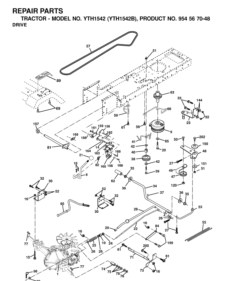 Drive Diagram and Parts List for YTH1542 (954567048)(2001-01) Husqvarna Lawn Tractor