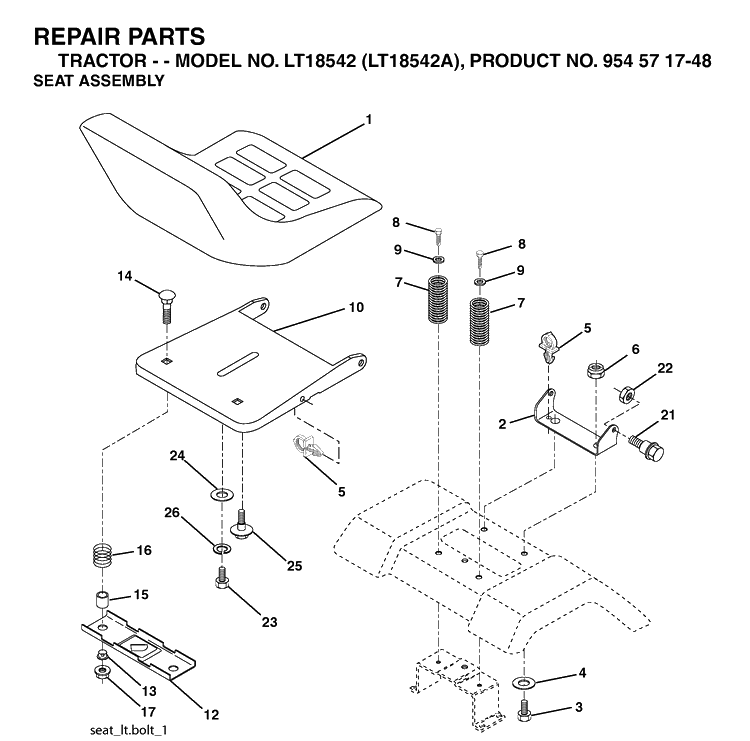 Seat Diagram and Parts List for LT18542-LT18542A 2003-11 Husqvarna Lawn Tractor