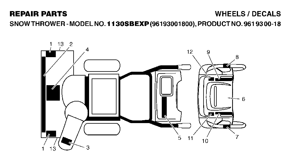 Decals Diagram and Parts List for 1130SBEXP (96193001800, 961930018)(2006-10) Husqvarna Snow Blower