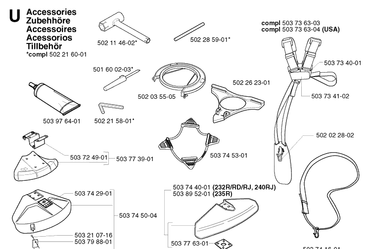 Accessories Diagram and Parts List for 235R 20023500001-20060100000 Husqvarna Brush Cutter