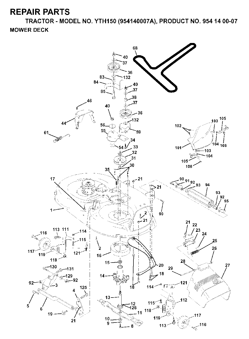 Mower Deck / Cutting Deck Diagram and Parts List for YTH150 (954140007A, 954140007)(1997-01) Husqvarna Lawn Tractor