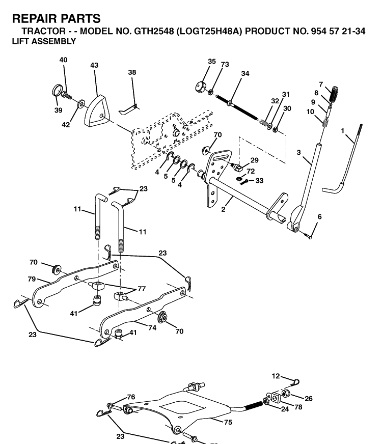Mower Lift / Deck Lift Diagram and Parts List for GTH2548-LOGT25H48A 2003-12 Husqvarna Lawn Tractor
