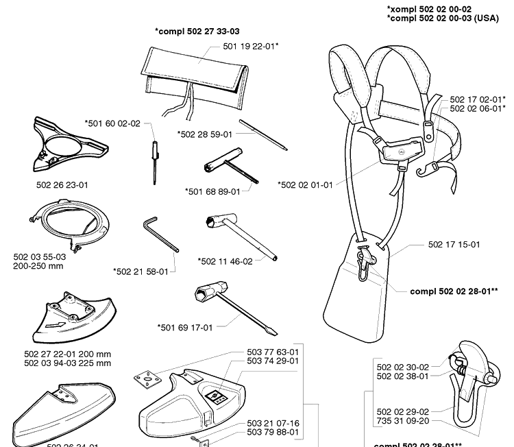 Accessories Diagram and Parts List for 250R 1999-04 Husqvarna Brush Cutter