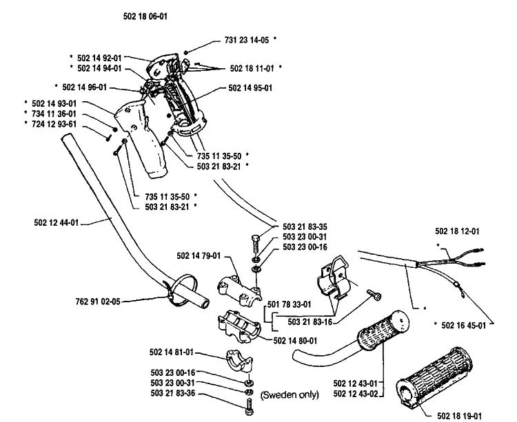 Pole Assembly Diagram and Parts List for 125L 1992-01 Husqvarna Trimmer