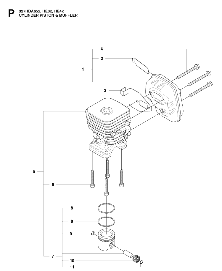 Cylinder, Piston And Muffler Diagram and Parts List for 327HE4 X-SERIES Husqvarna Hedge Trimmer