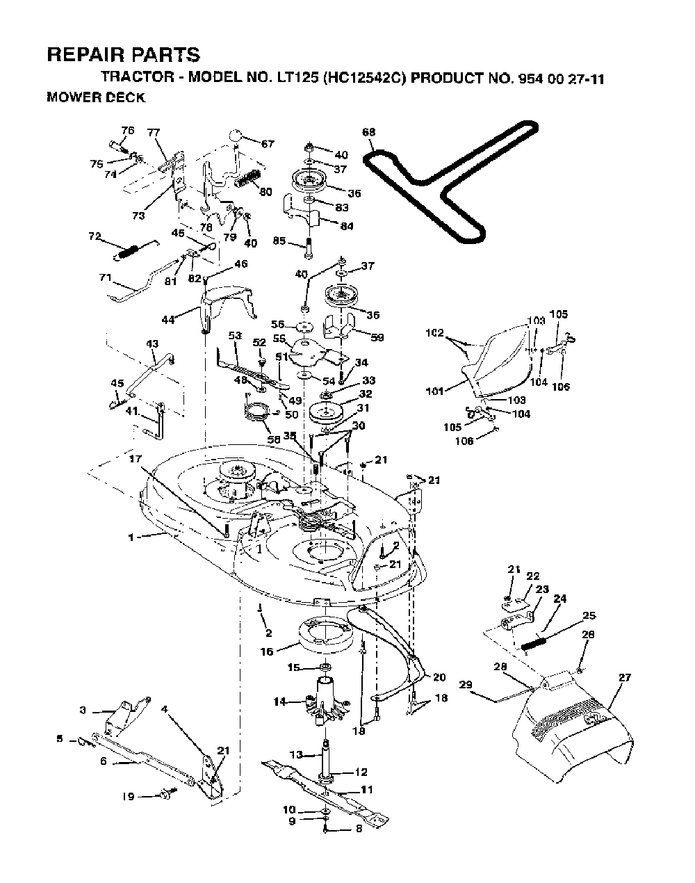 42inch Cutting Deck Diagram and Parts List for LT125 (HC12542C, 954002711)(1996-04) Husqvarna Lawn Tractor