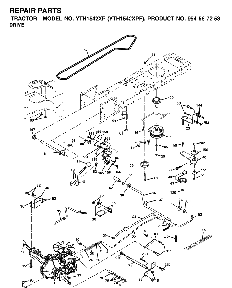Drive Diagram and Parts List for YTH1542XP (954567253)(2002-03) Husqvarna Lawn Tractor