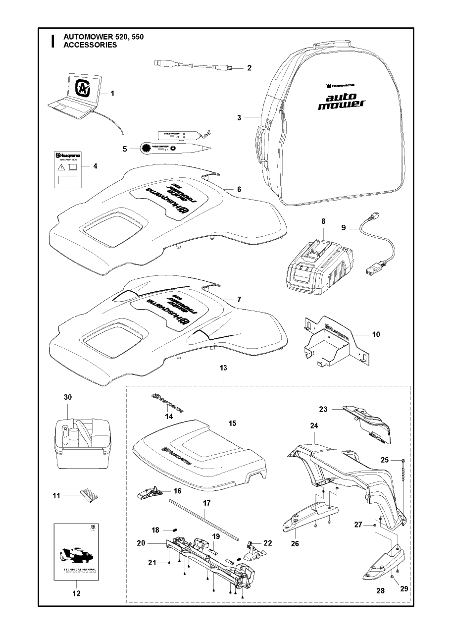 Accessories Diagram and Parts List for 550 2018 Husqvarna Lawn Mower