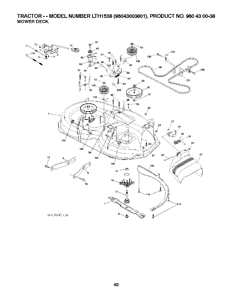 Mower Deck / Cutting Deck Diagram and Parts List for LTH153896043003801 2007-08 Husqvarna Lawn Tractor