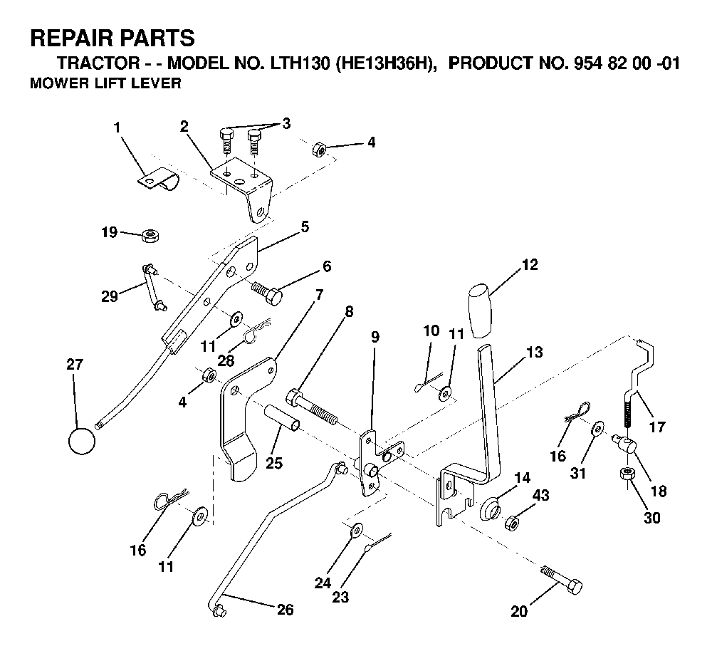 Mower Lift Lever Diagram and Parts List for LTH130 (HE13H36H, 954820001)(2000-02) Husqvarna Lawn Tractor