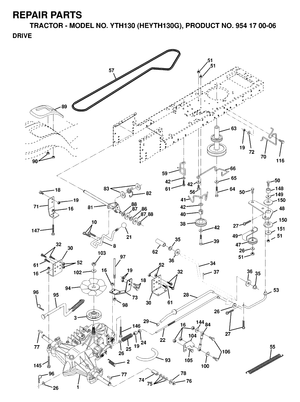 Drive Diagram and Parts List for YTH130 (954170006-G)(1998-12) Husqvarna Lawn Tractor