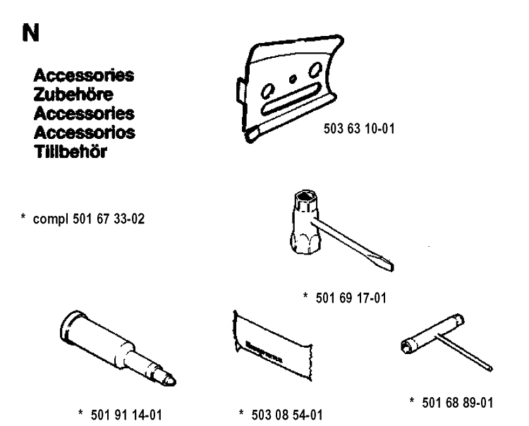 Accessories Diagram and Parts List for 262XP 19924400001-19942300000 Husqvarna Chainsaw