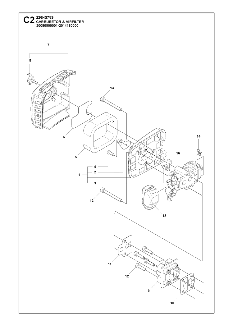 Carburetor And Air Filter Diagram and Parts List for 226HS75S  Husqvarna Hedge Trimmer