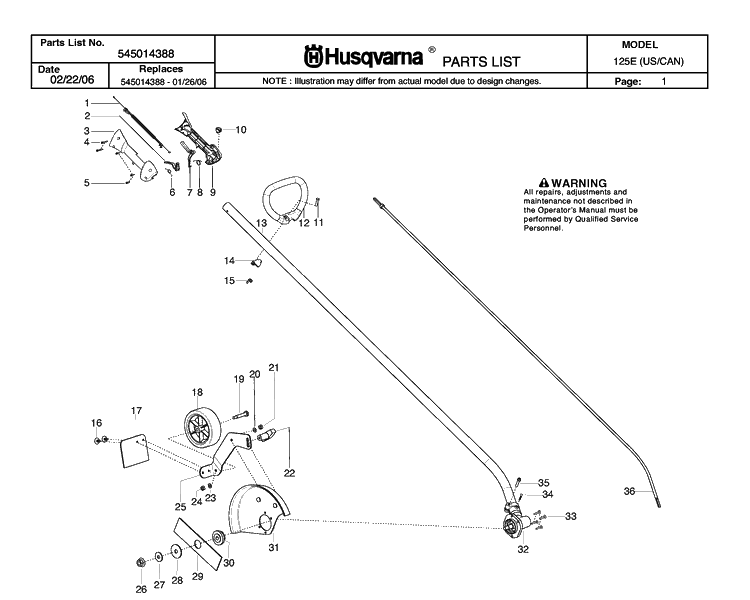 Product Complete 2 Diagram and Parts List for 125E 20061000001-20082200000 Husqvarna Edger