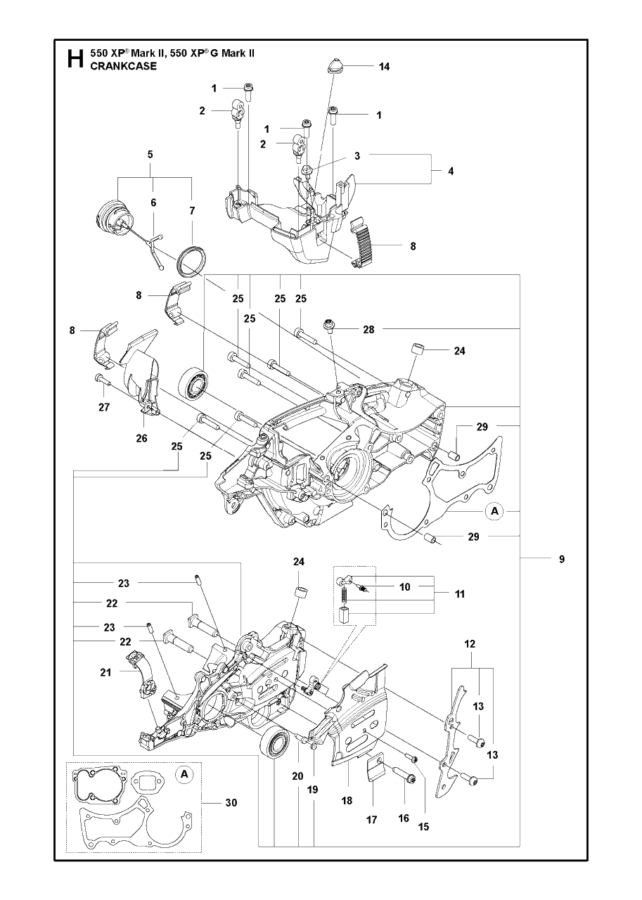 Crankcase Diagram and Parts List for 550XP-XPG Mark II Husqvarna Chainsaw