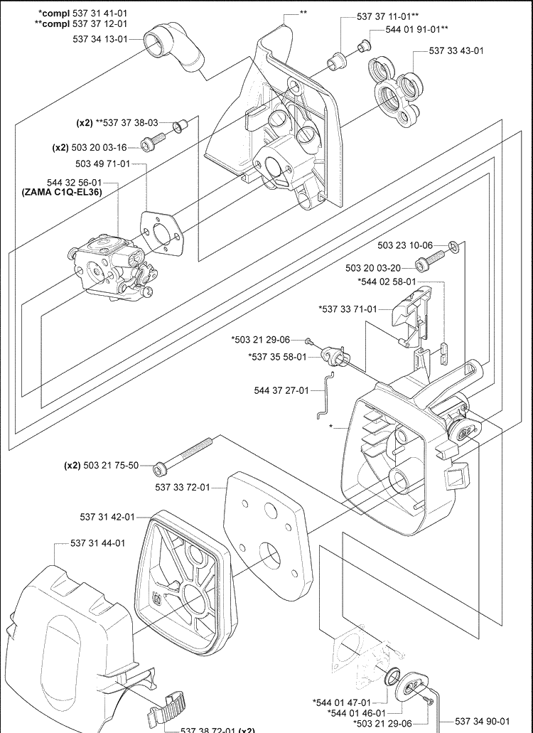 Carb / Intake / Air Filter Diagram and Parts List for 335FR 2008-09 Husqvarna Brush Cutter