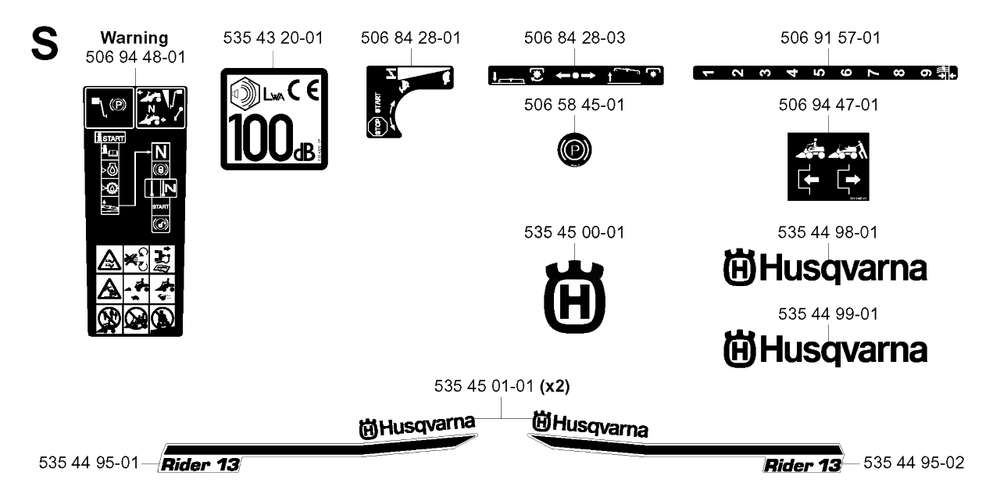 Decals Diagram and Parts List for R13 (953950401)(2004-01) Husqvarna Lawn Tractor