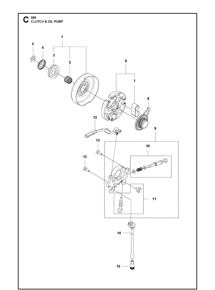 Clutch And Oil Pump Diagram and Parts List for 585  Husqvarna Chainsaw