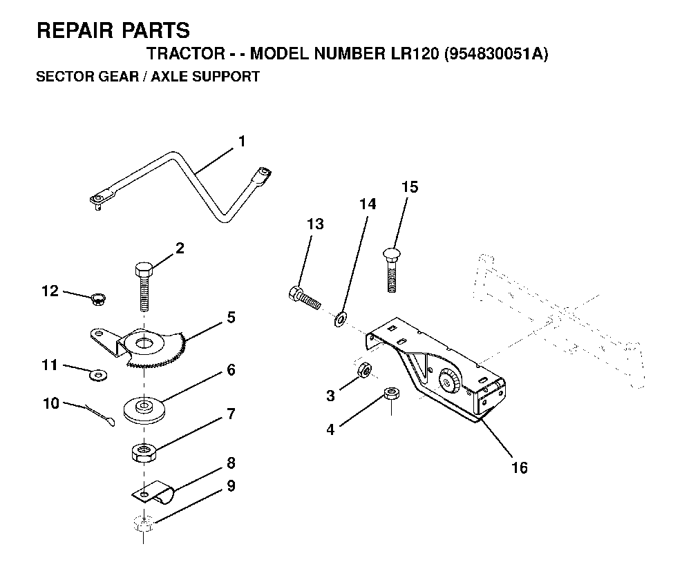 Sector Gear / Axle Support Diagram and Parts List for LR120 (954830051A)(1995-08) Husqvarna Lawn Tractor