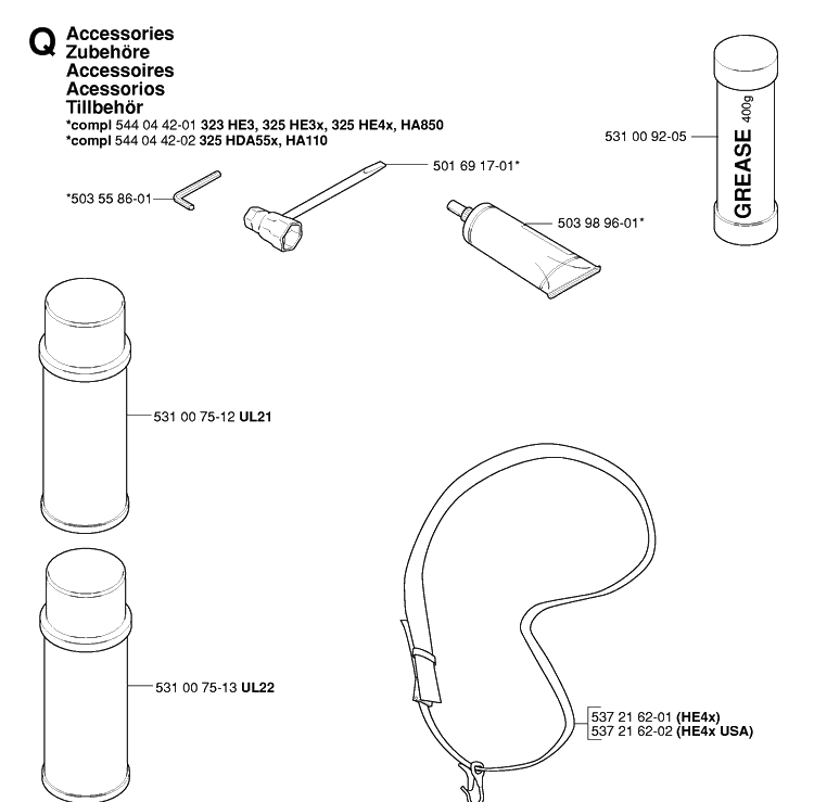 Accessories Diagram and Parts List for 325HA110 20054000001-20040100000 Husqvarna Hedge Trimmer