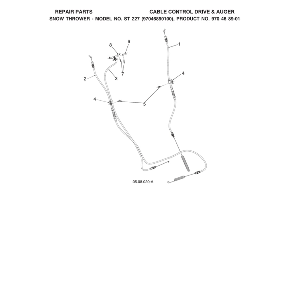 Cable Control Drive & Auger Diagram and Parts List for ST227-970528702  Husqvarna Snow Blower