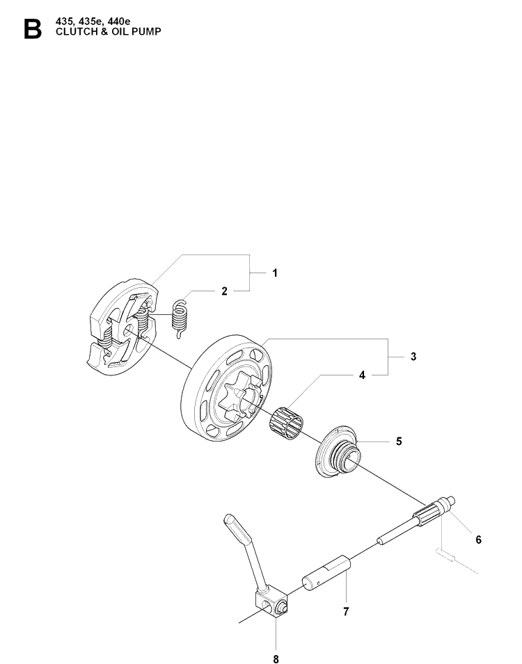 Clutch And Oil Pump Diagram and Parts List for 440E 20090400001-20102300000 Husqvarna Chainsaw