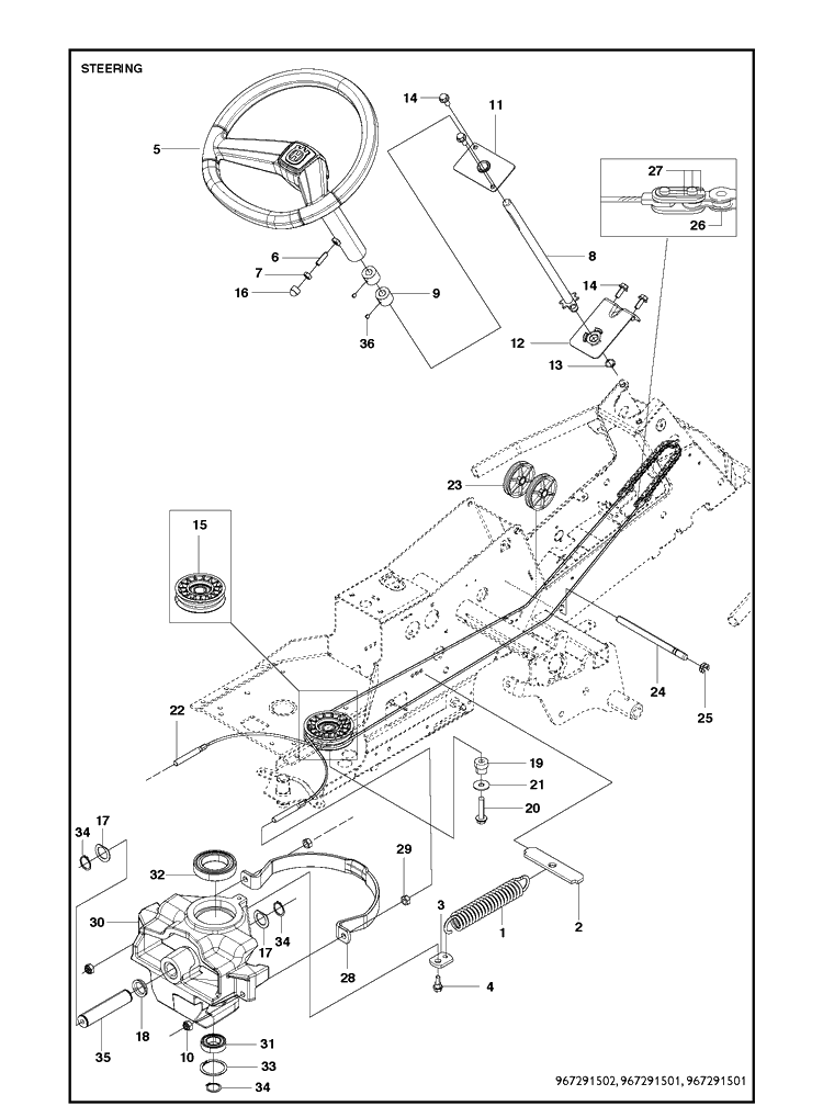 Steering Diagram and Parts List for R214T AWD Husqvarna Lawn Mower