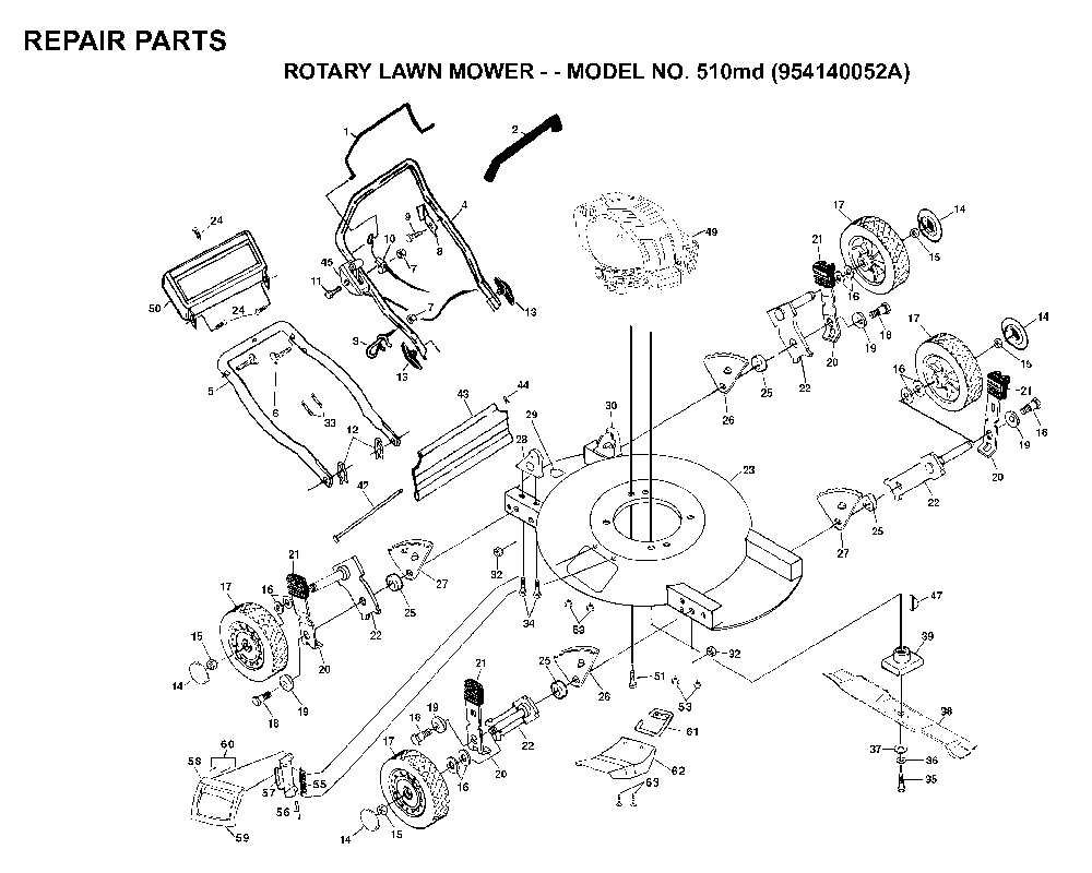 Product Complete Diagram and Parts List for 510MD (954140052A)(1998-02) Husqvarna Lawn Mower