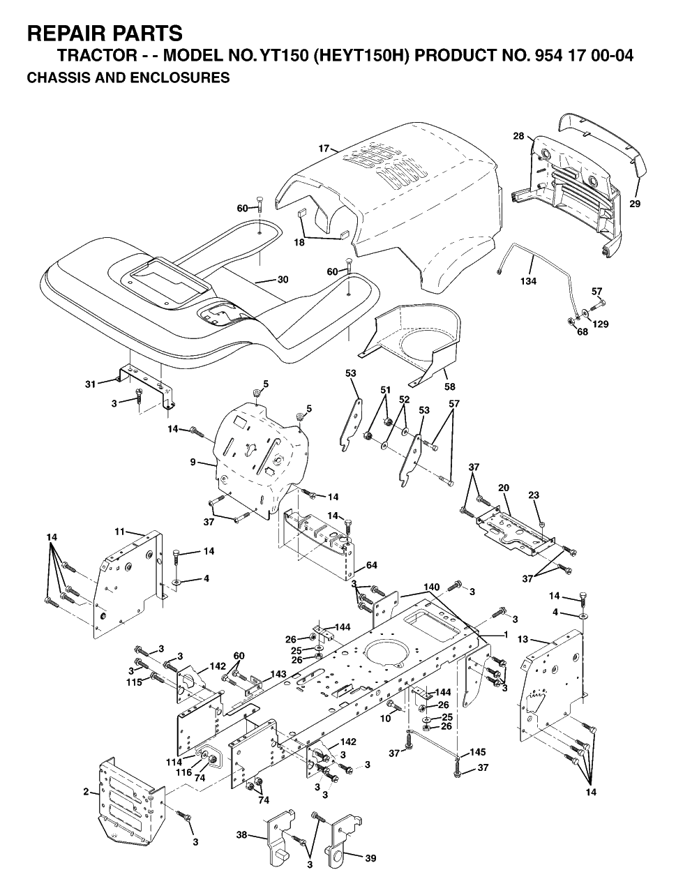 Chassis And Enclosures Diagram and Parts List for YT150 (954170004-H)(1996-01) Husqvarna Lawn Tractor