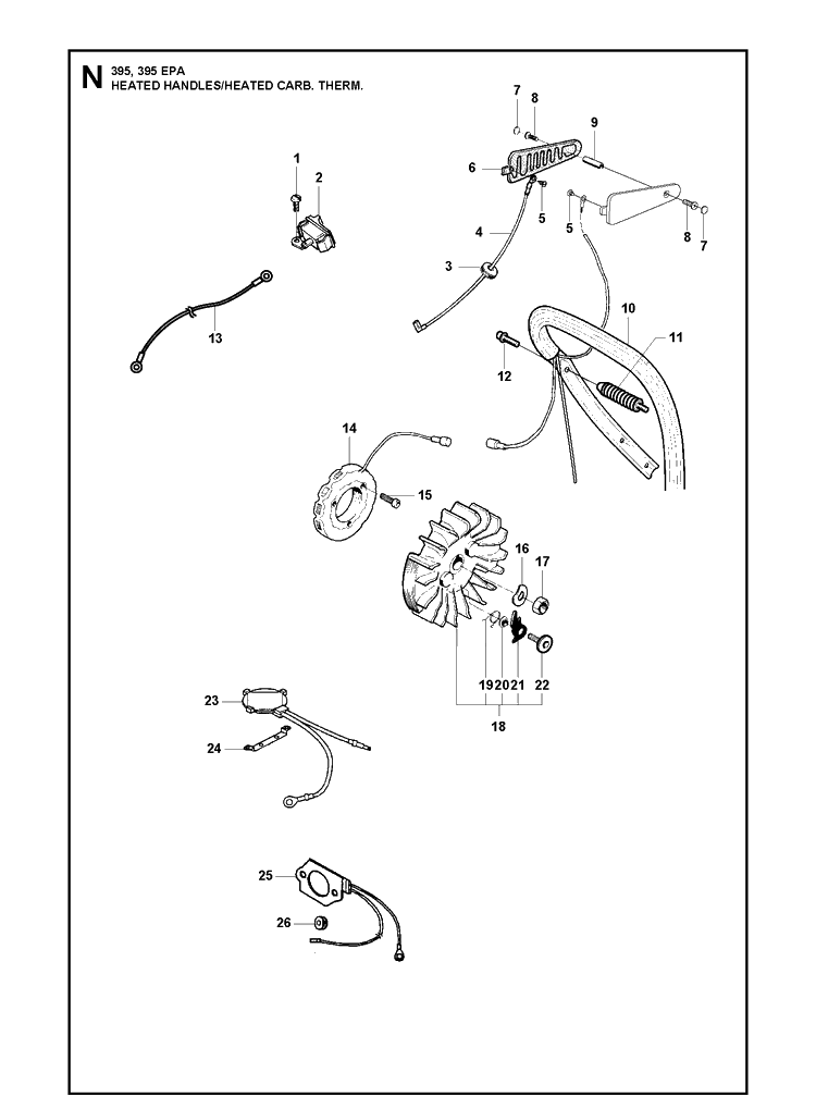 Handles Heated Diagram and Parts List for 395XP/ (XPG - 395 XP EPA)(20163900001-20193499999) Husqvarna Chainsaw