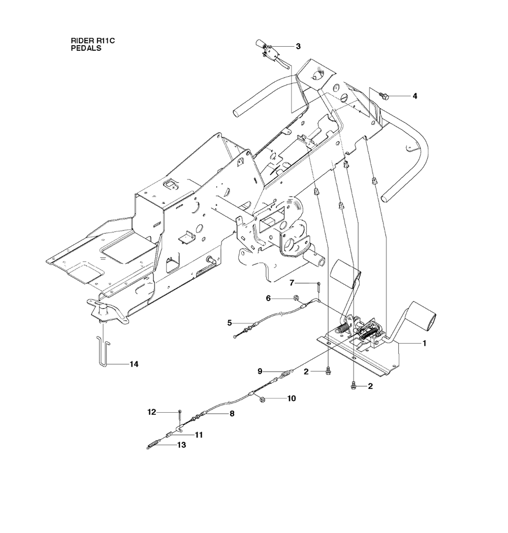 Pedals Diagram and Parts List for R11C (965094201)(2010-07) Husqvarna Lawn Tractor