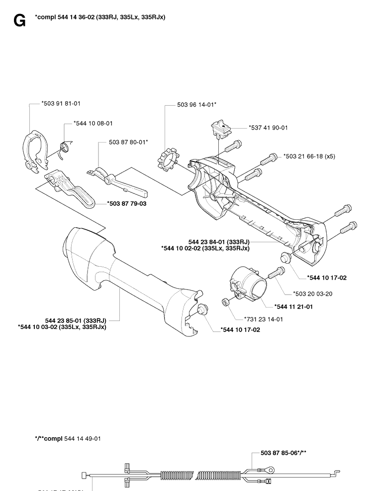 Handle And Controls Diagram and Parts List for 333RJ 20064000001-20070100000 Husqvarna Brush Cutter