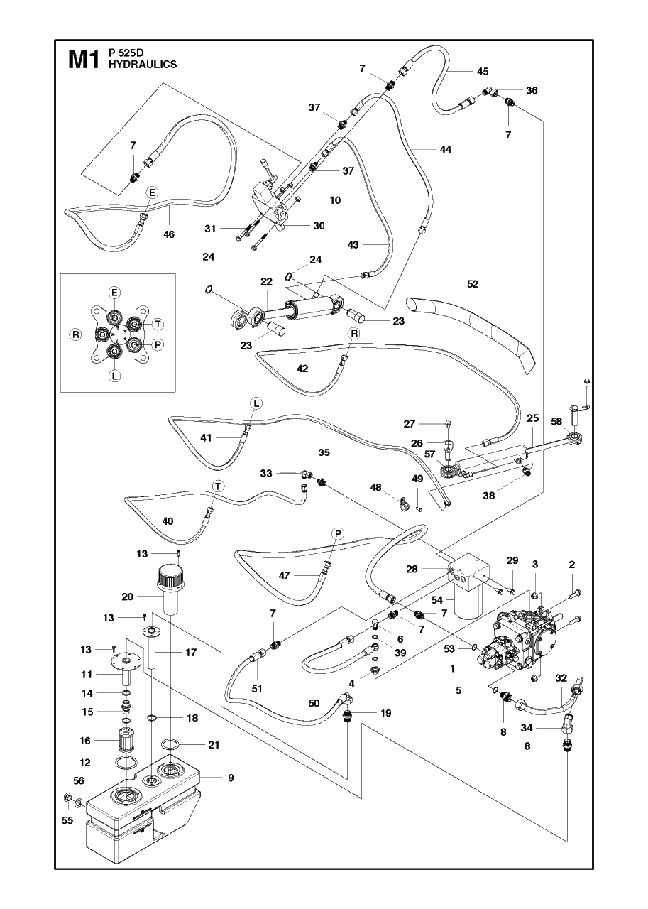 Hydraulics 2 Diagram and Parts List for P525D 20120100001 - 20143999999 Husqvarna Lawn Tractor